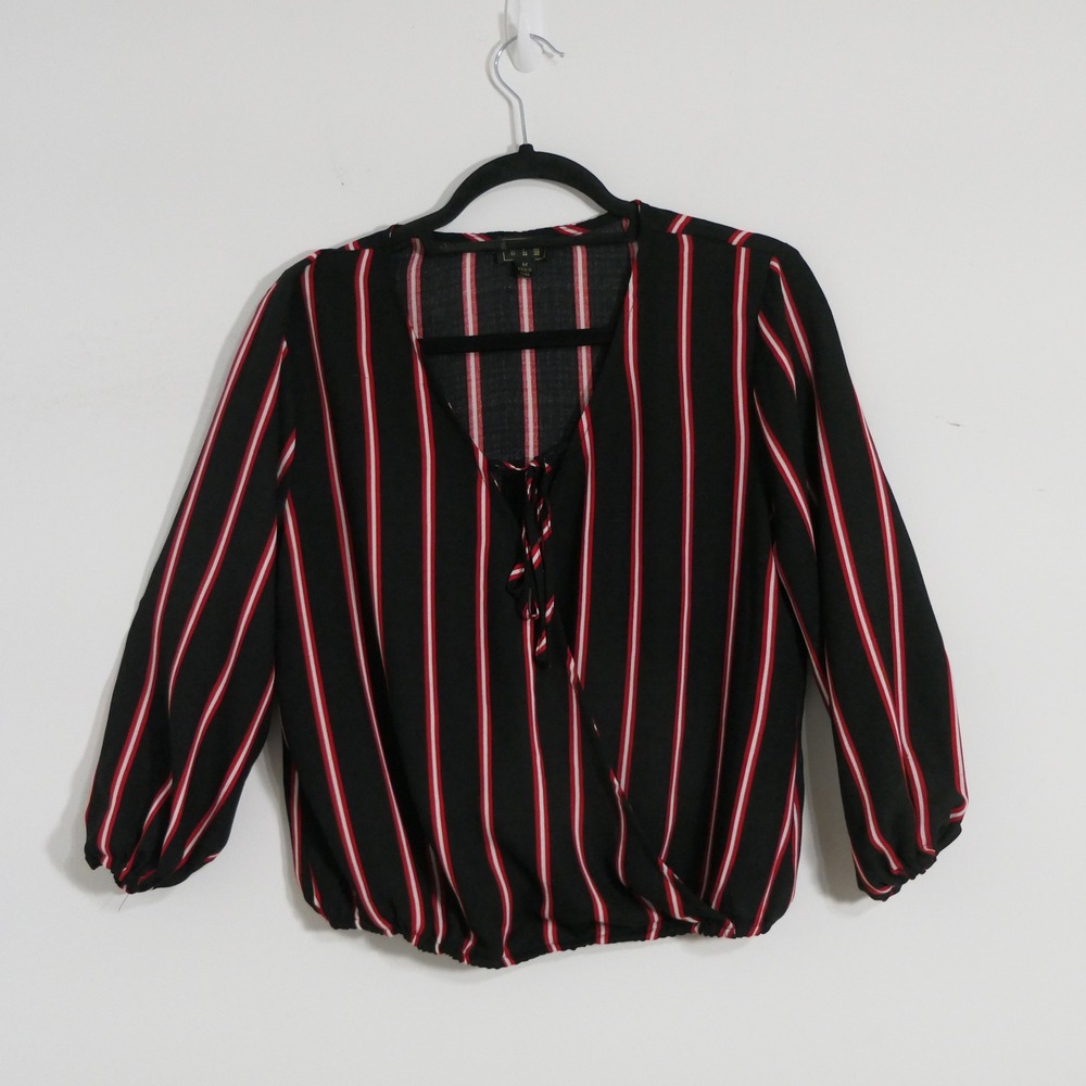 DLM Women Blouse M Black Red White Stripe Faux Wrap Office Dark Academia Bold